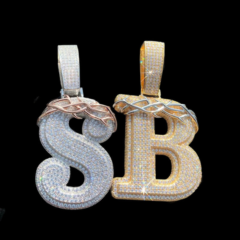 Crown of thorns alphabet pendant 40mm iced out with CZ stones