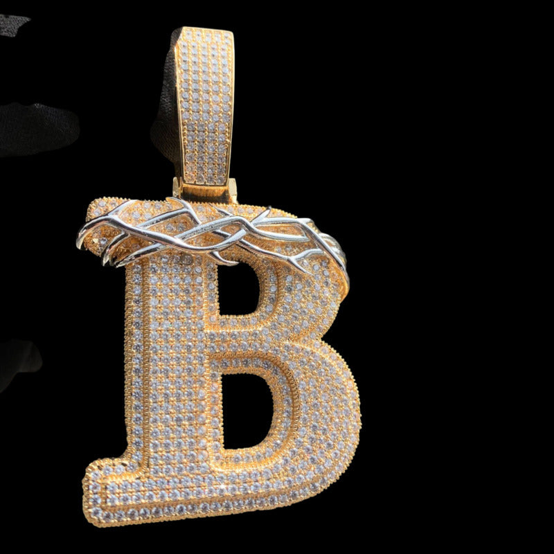 Iced letter B pendant necklace with crown of thorns design
