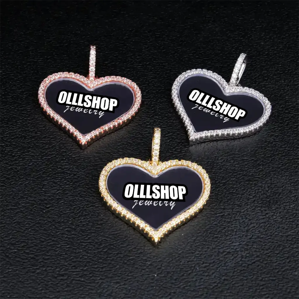 Set of three heart photo pendants in different finishes