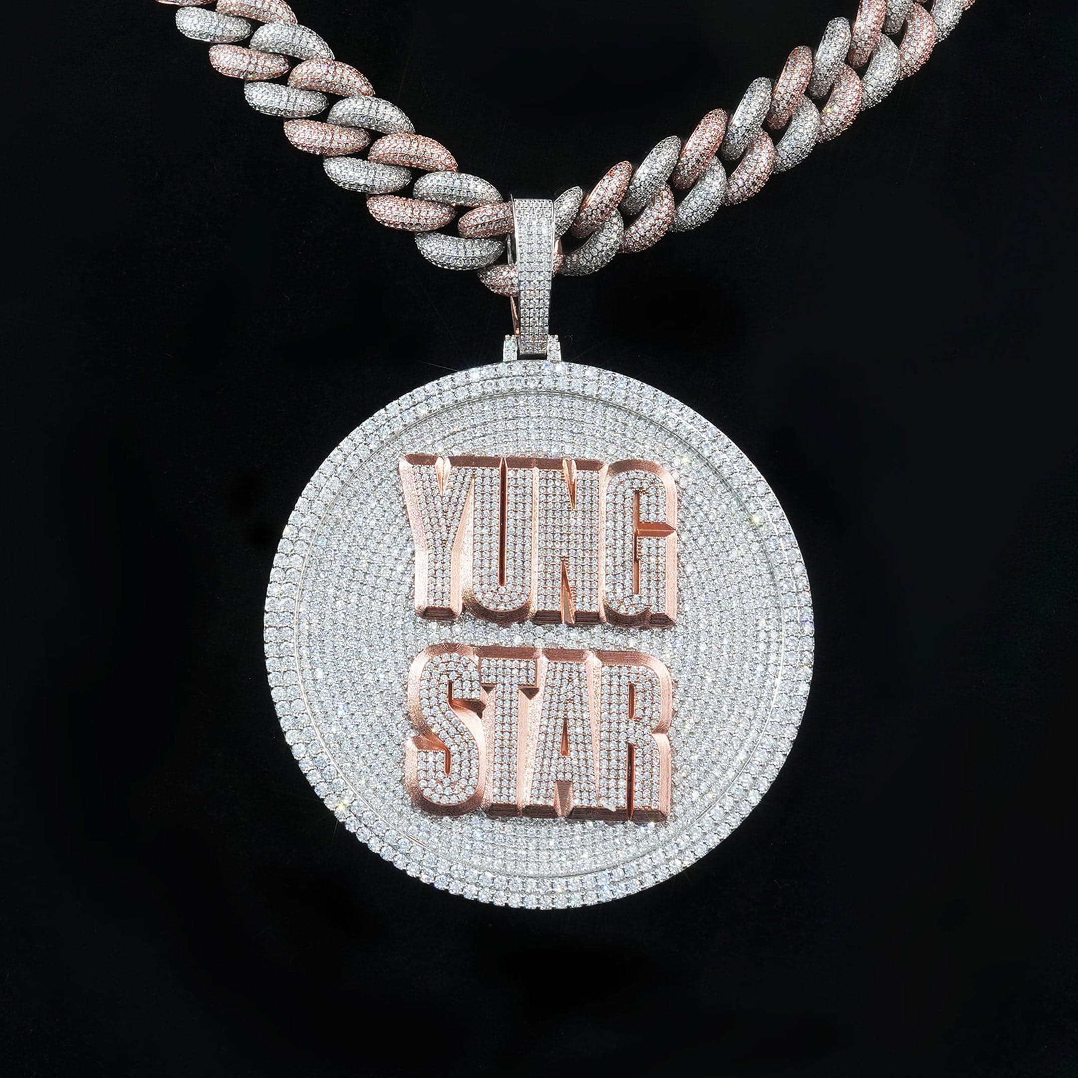 Custom iced circle pendant with YUNG STAR letters, hip hop jewelry design