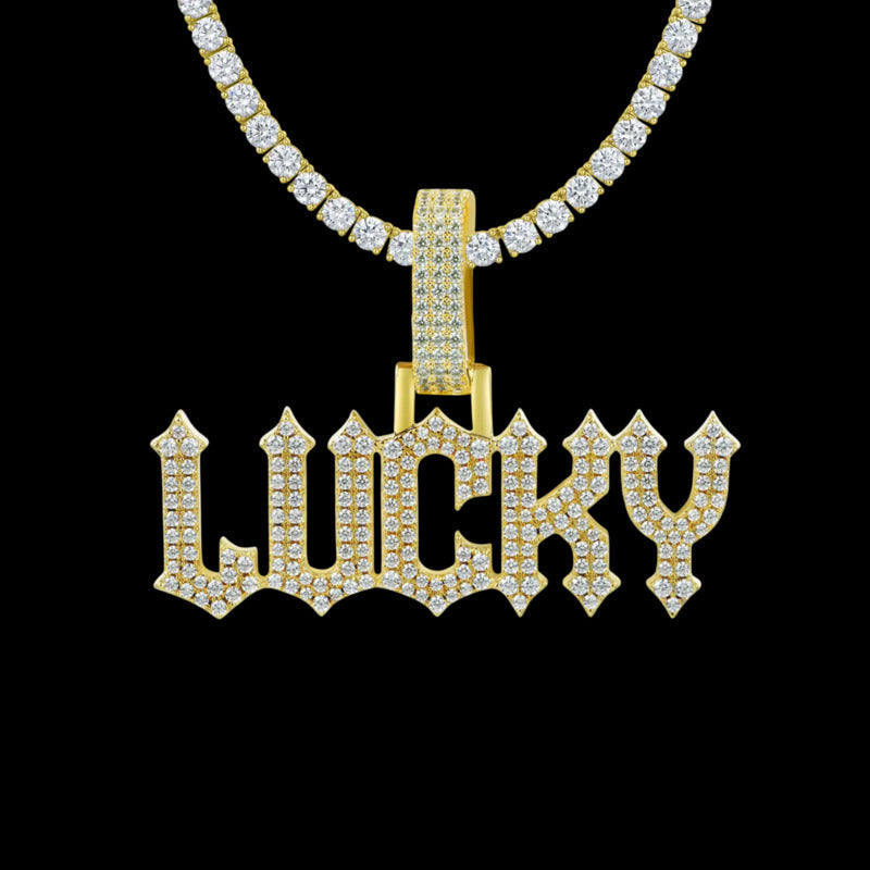 Custom moissanite name pendant with gothic font in gold