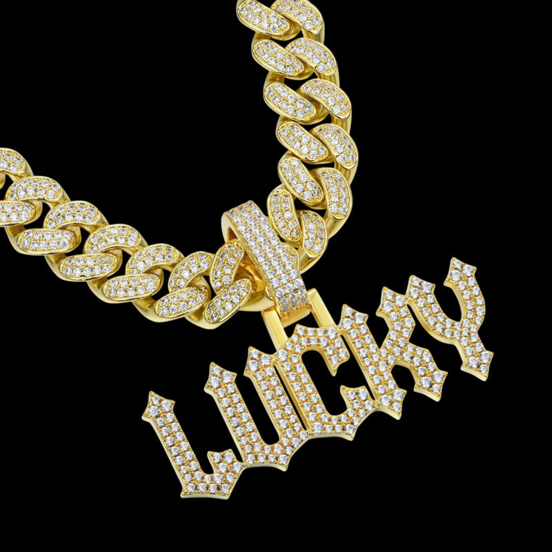 Gold moissanite custom name pendant paired with Cuban link chain