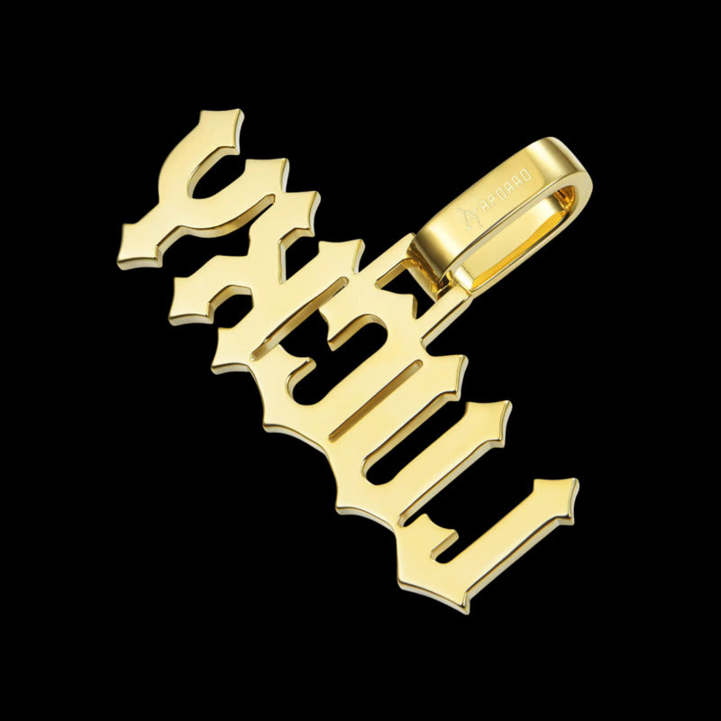 Backside view of gold moissanite gothic letter pendant