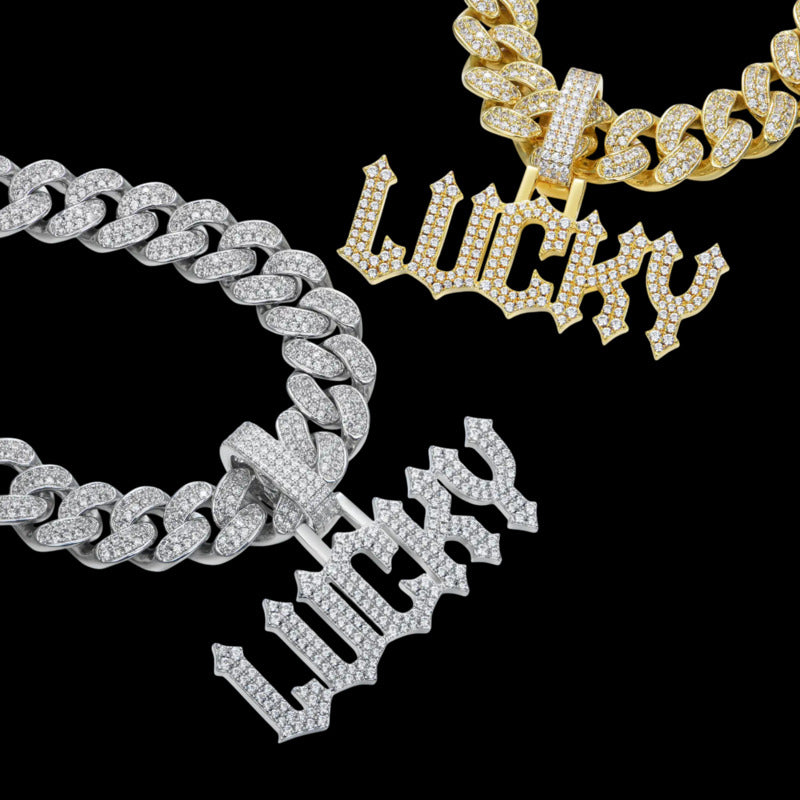 Gold and white gold custom name pendants with moissanite stones