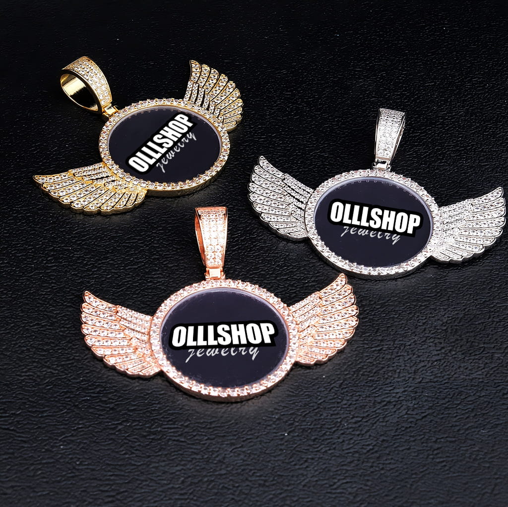 Gold, rose gold and silver custom wings round photo pendant collection, personalized hip hop necklaces