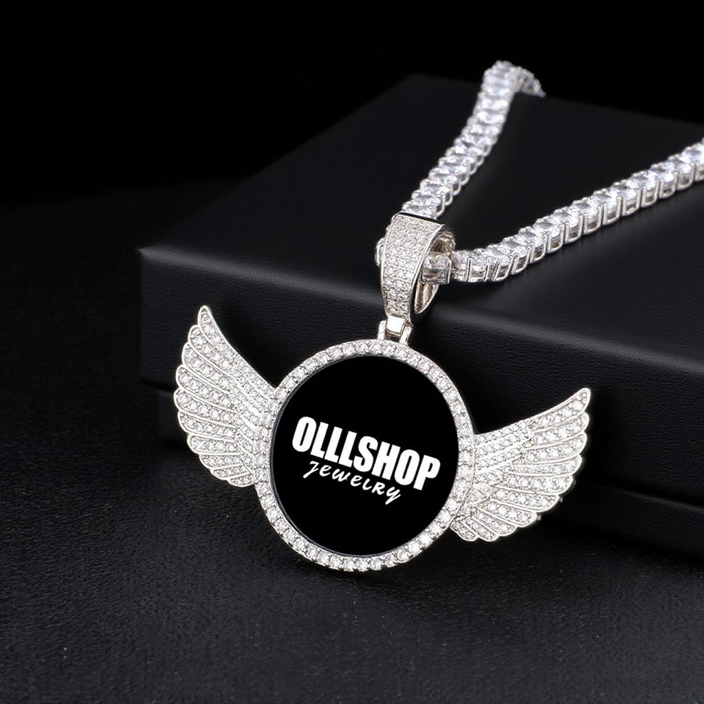Silver wings round pendant necklace with custom photo design, iced out hip hop jewelry