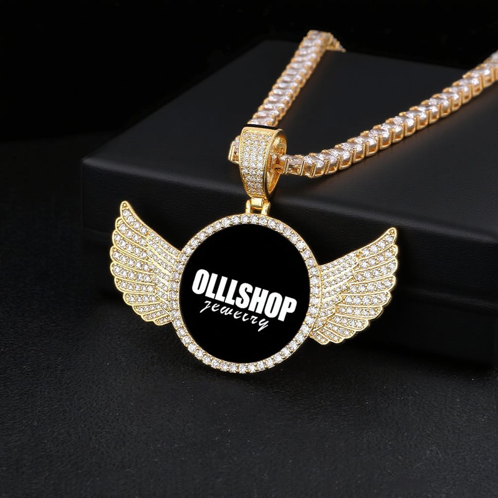 Gold custom wings round pendant with photo space, personalized hip hop necklace gift