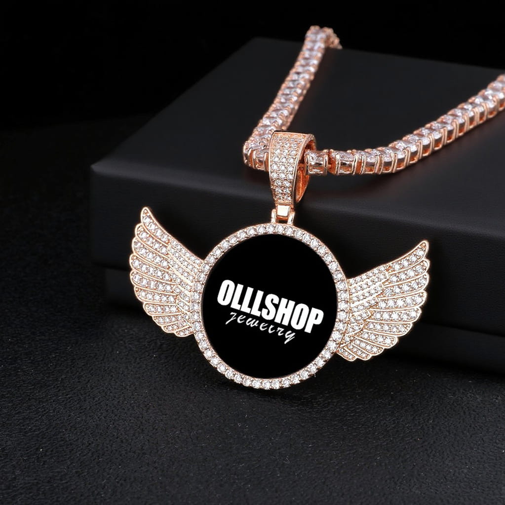 Rose gold wings round pendant necklace with custom image area, personalized hip hop jewelry