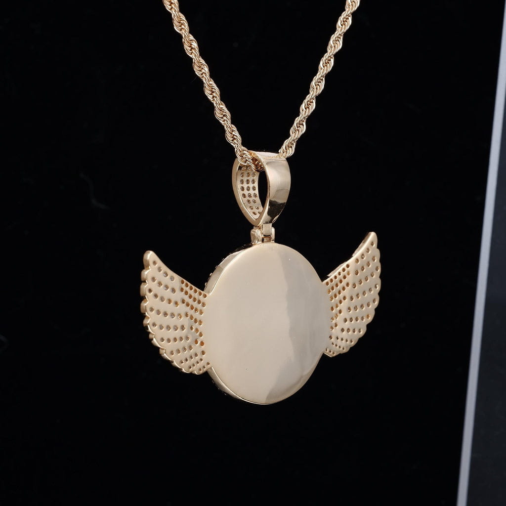 Back view of gold wings round pendant necklace, custom photo hip hop jewelry design