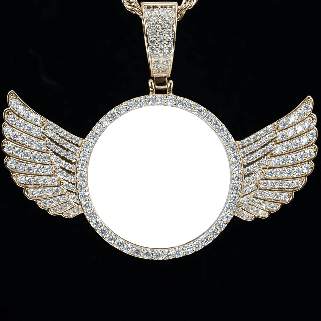 Blank wings round pendant ready for custom photo engraving, iced out hip hop necklace