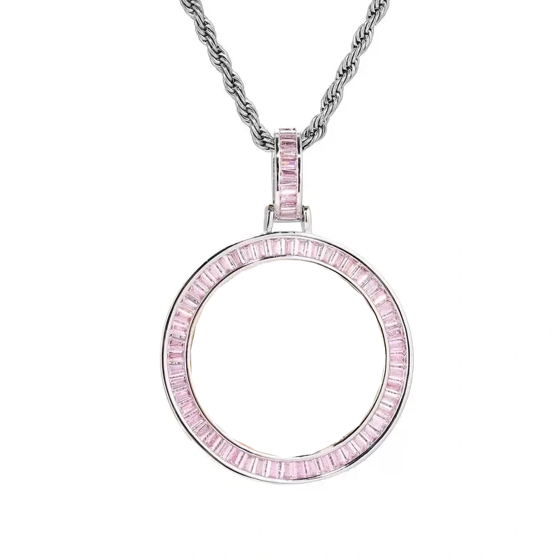Custom Photo Pink Diamond Round Pendant in White Gold - 38mm