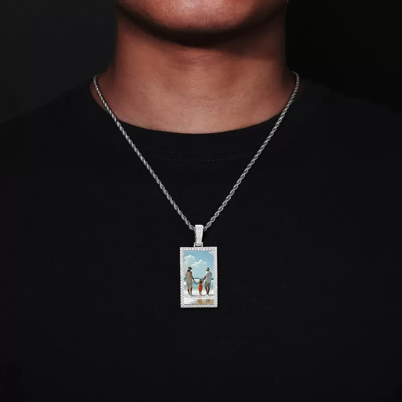 Model wearing custom photo rectangular pendant – 25mm personalized memorial necklace