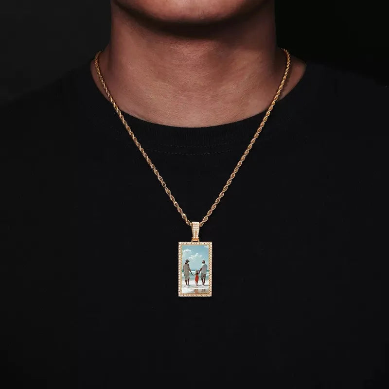 Gold custom rectangular photo pendant – 25mm iced-out personalized jewelry gift