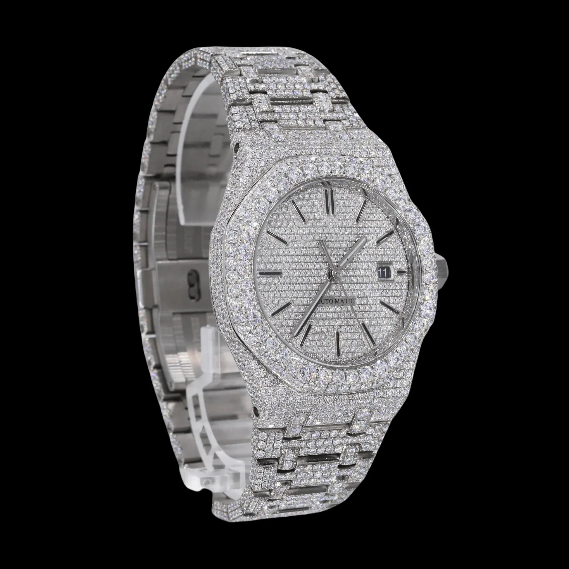 42MM Fully Iced Out Watch In White Era® Gold 316