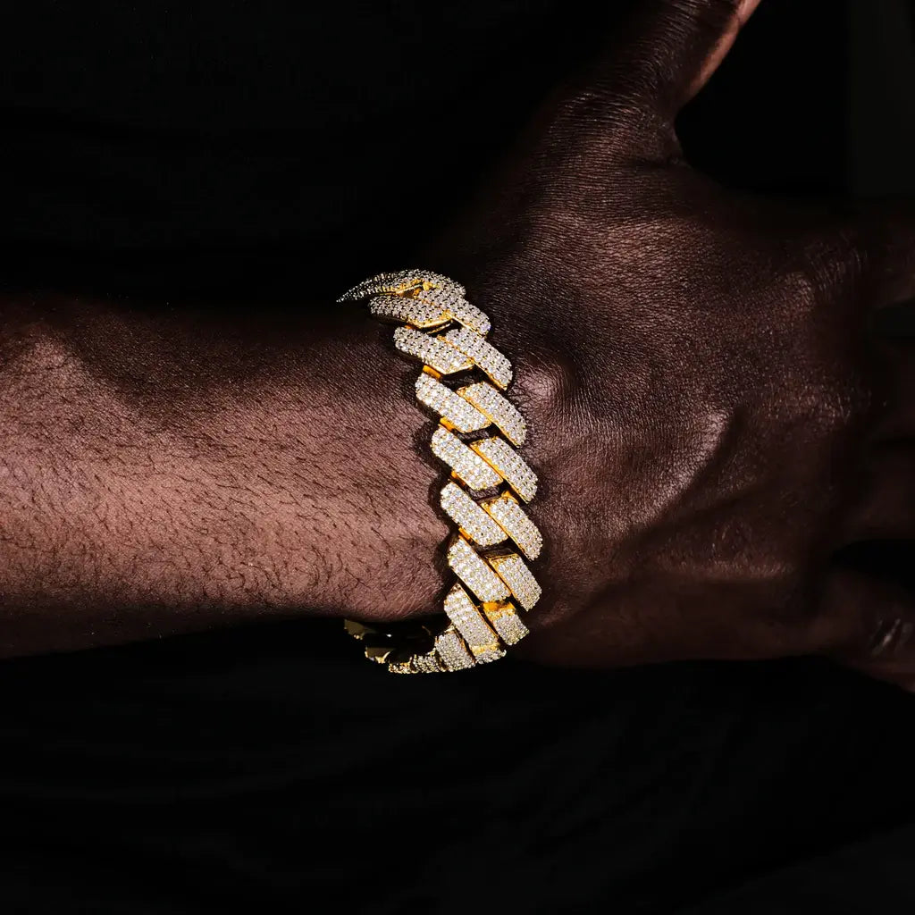 3Row Prong Cuban Link Chian & Bracelet Bundle in 18K Gold - 19mm