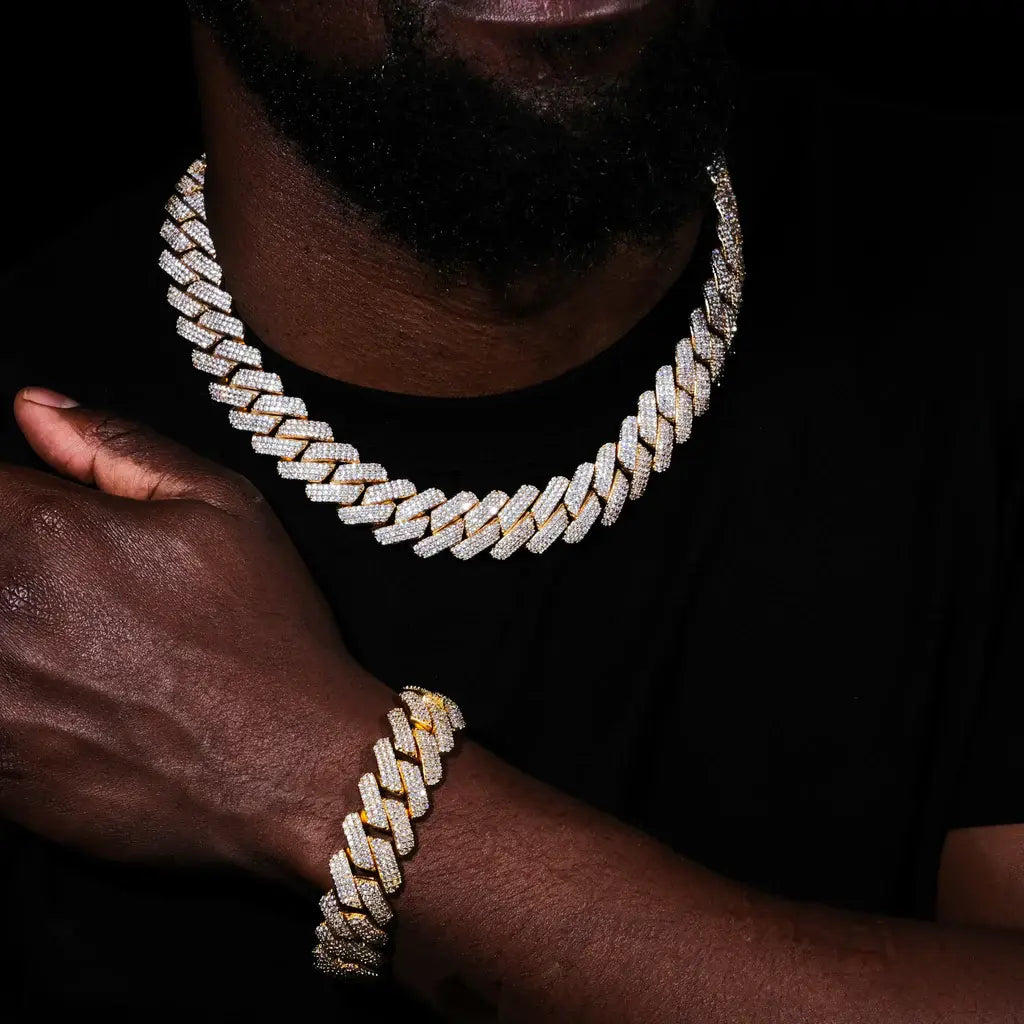 3Row Prong Cuban Link Chian & Bracelet Bundle in 18K Gold - 19mm