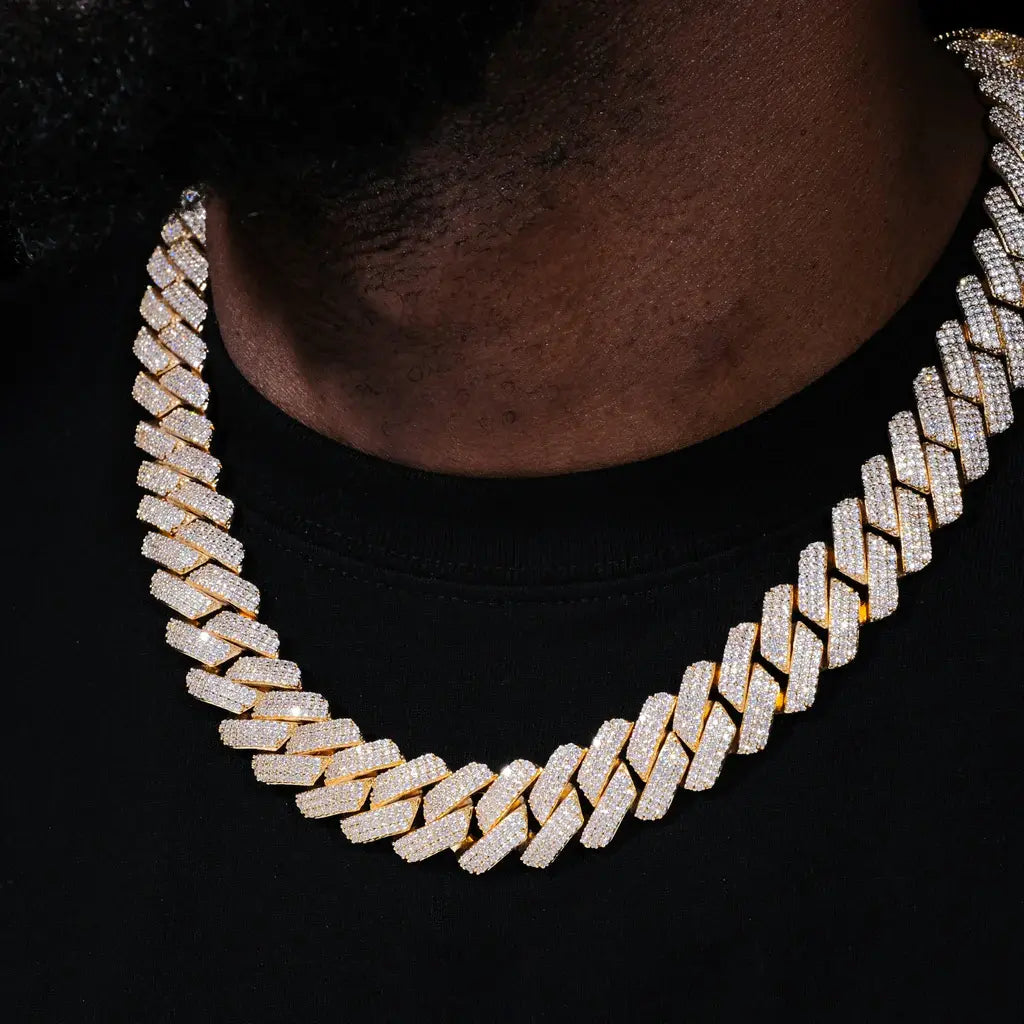 3Row Prong Cuban Link Chian & Bracelet Bundle in 18K Gold - 19mm