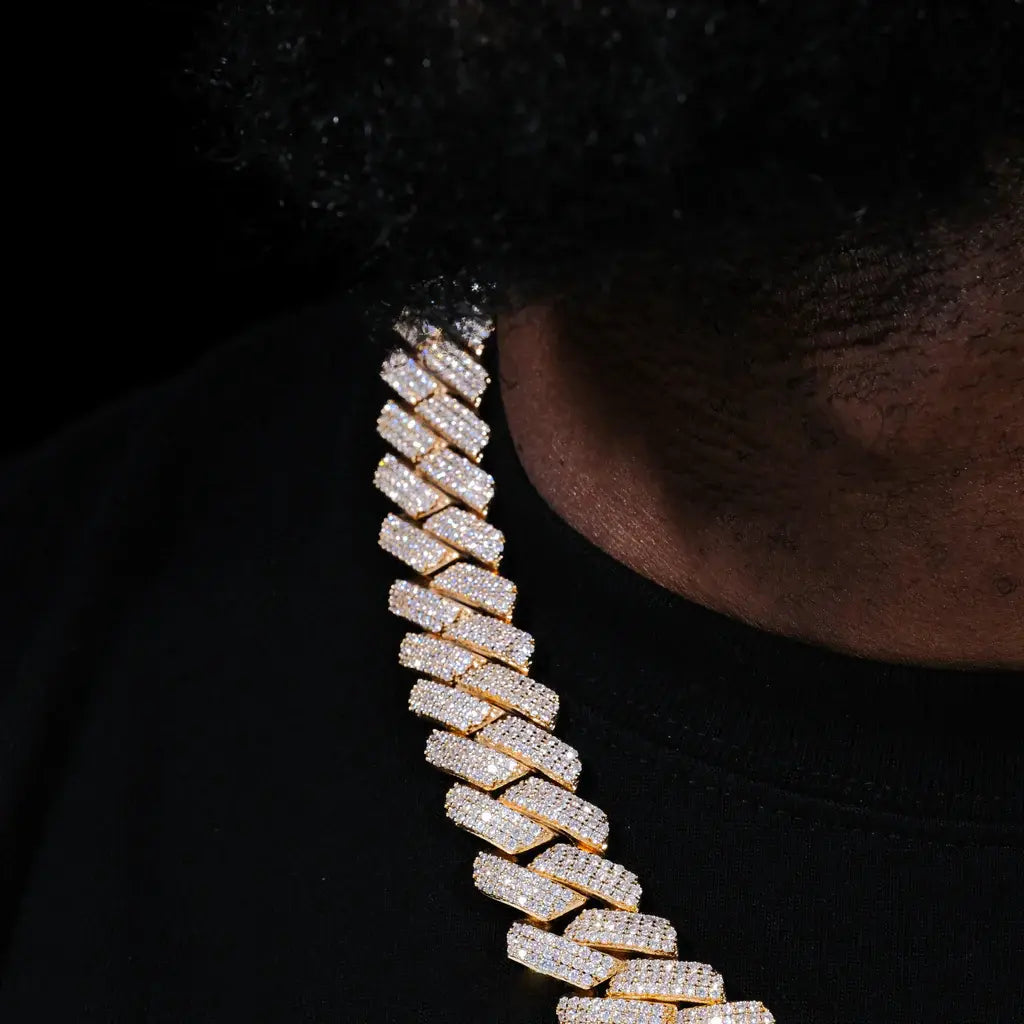 3Row Prong Cuban Link Chian & Bracelet Bundle in 18K Gold - 19mm