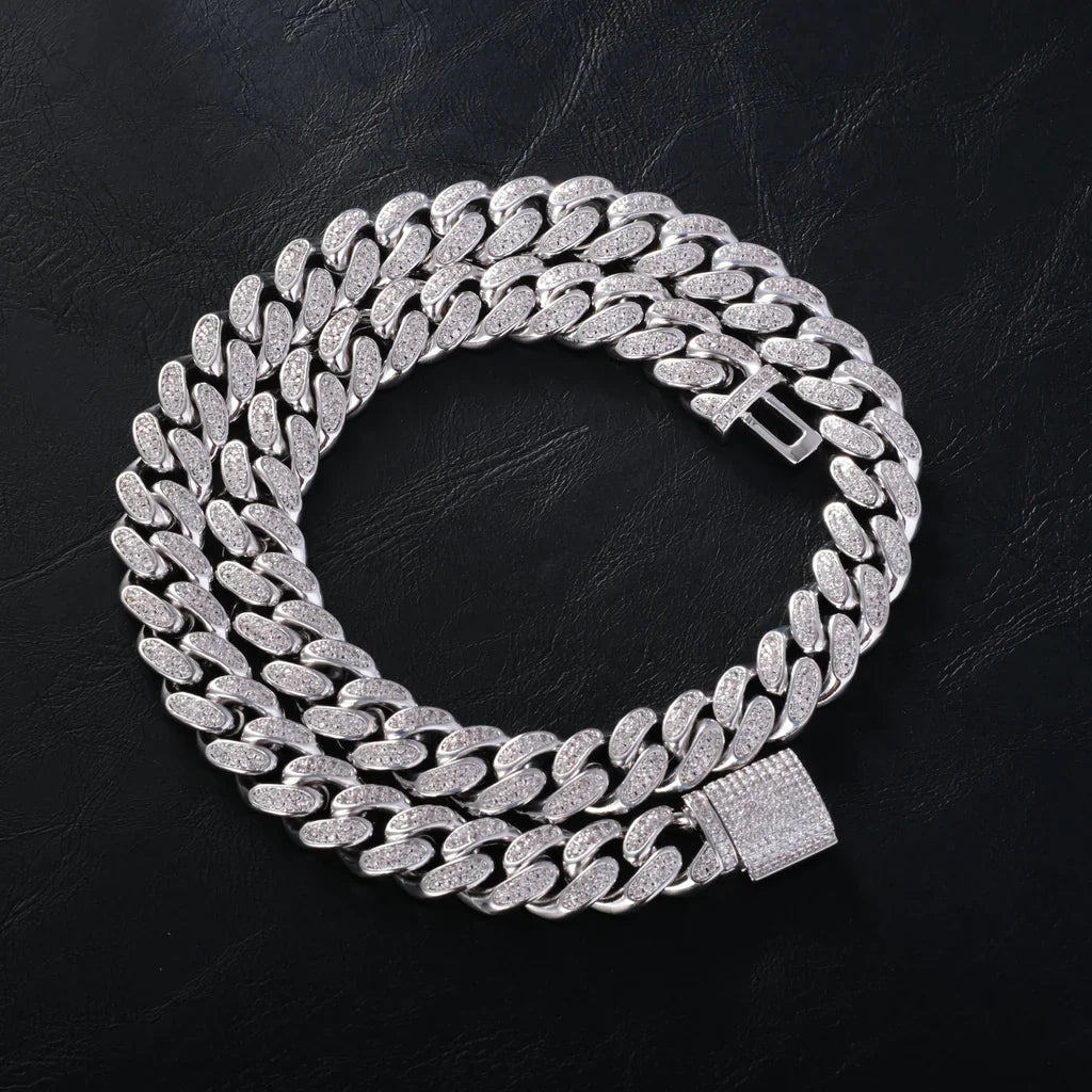 Diamond Iced Cuban Chain in White Gold - 12mm