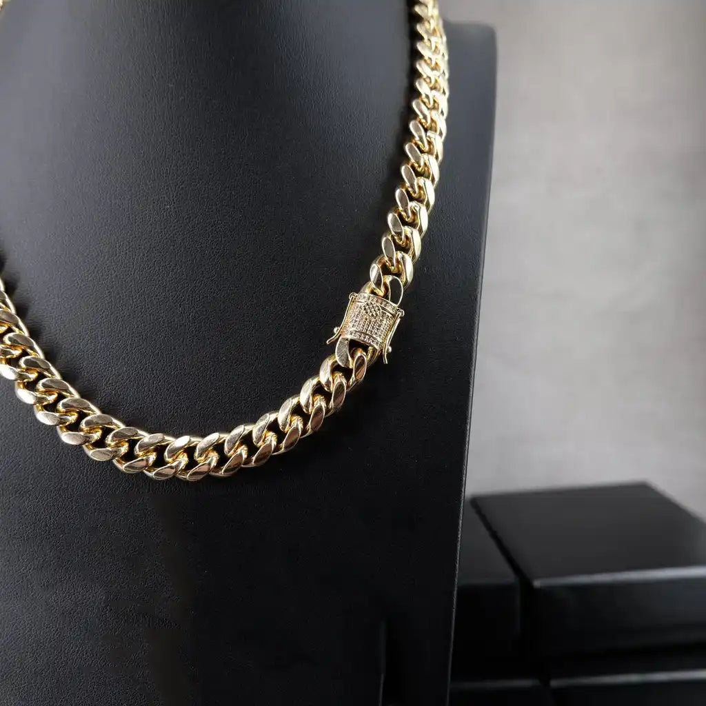 10MM CZ CUBAN LINK CHAIN IN YELLOW GOLDPLATED