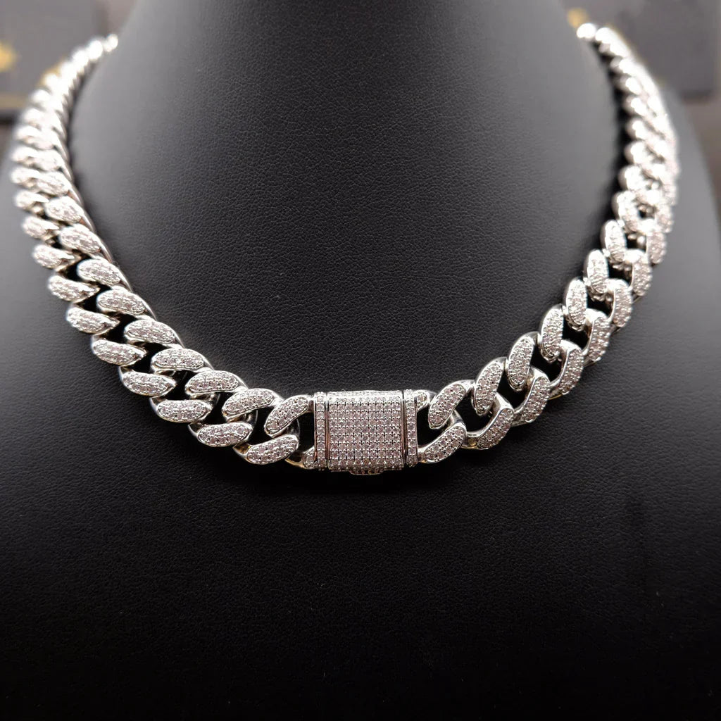 Buckle Iced Cuban Link Chain in White Gold - 14mm