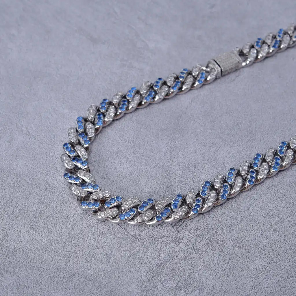 18k White Gold Blue Iced Cuban Chain - 13mm