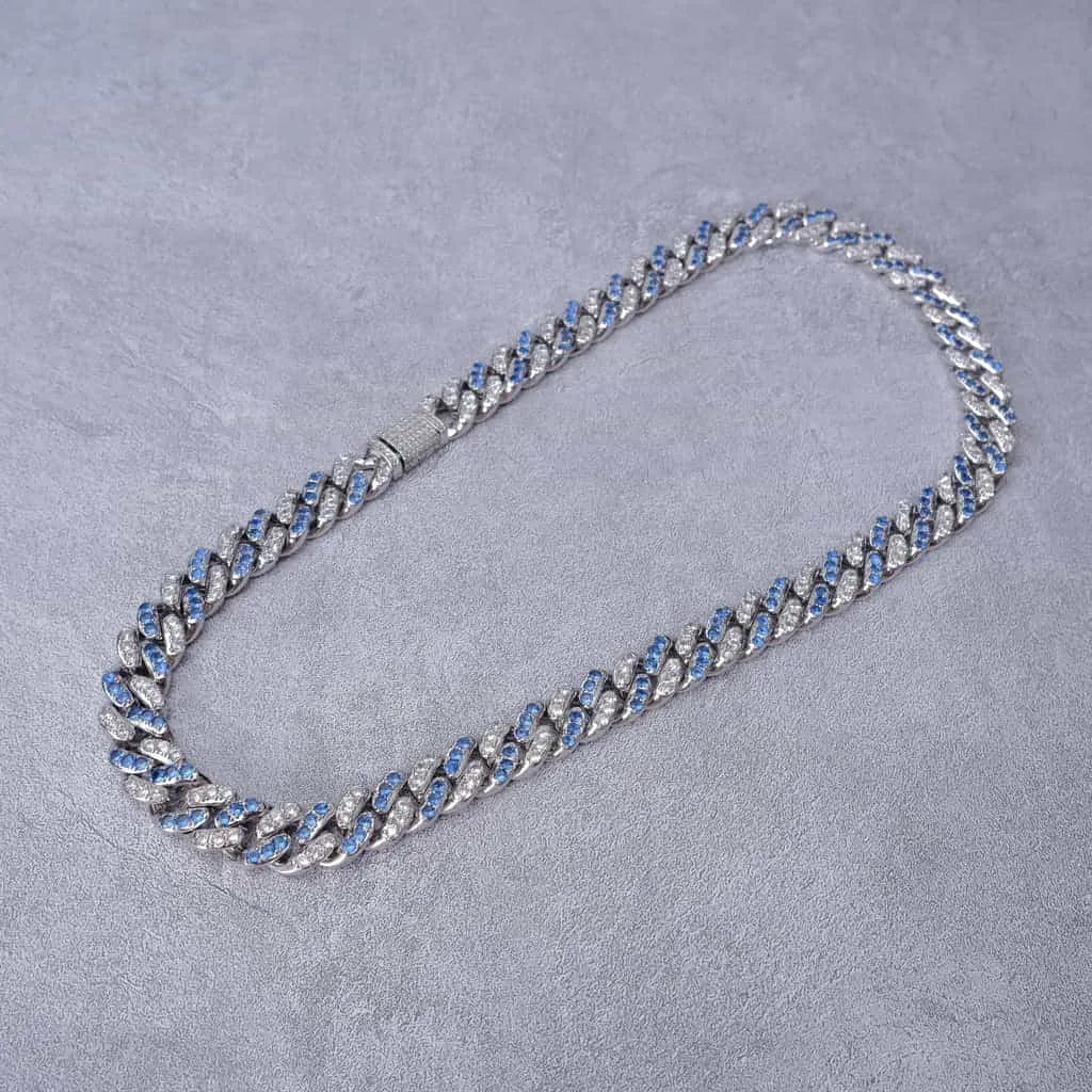 18k White Gold Blue Iced Cuban Chain - 13mm