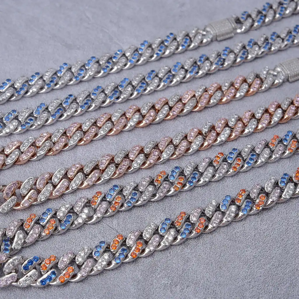 18k White Gold Blue Iced Cuban Chain - 13mm