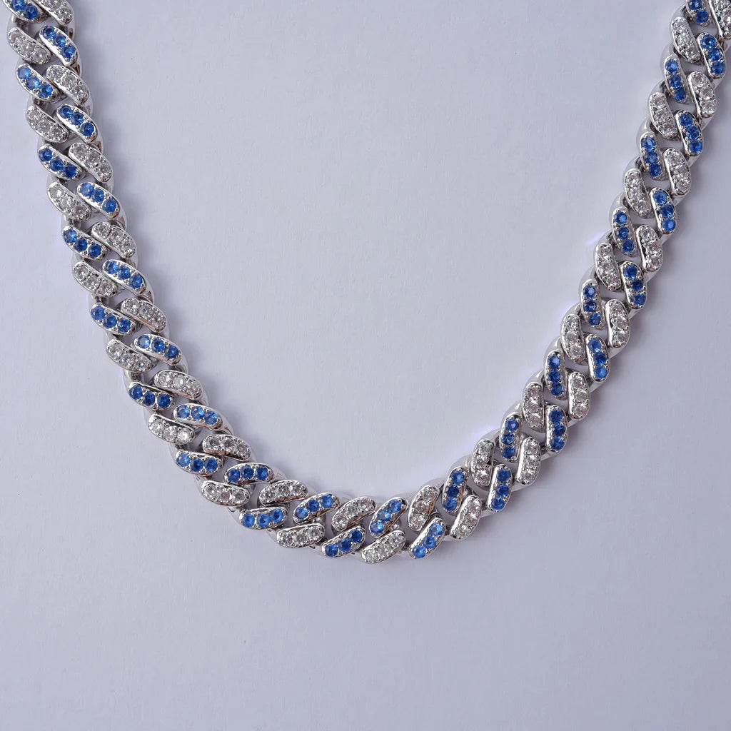 18k White Gold Blue Iced Cuban Chain - 13mm