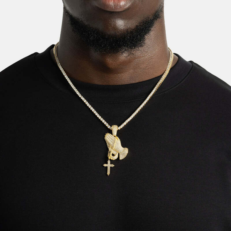 Yellow gold faithful hands cross pendant necklace iced out with CZ stones