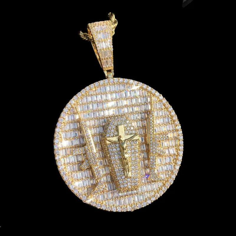 Gold double gun cross disc pendant with CZ stones