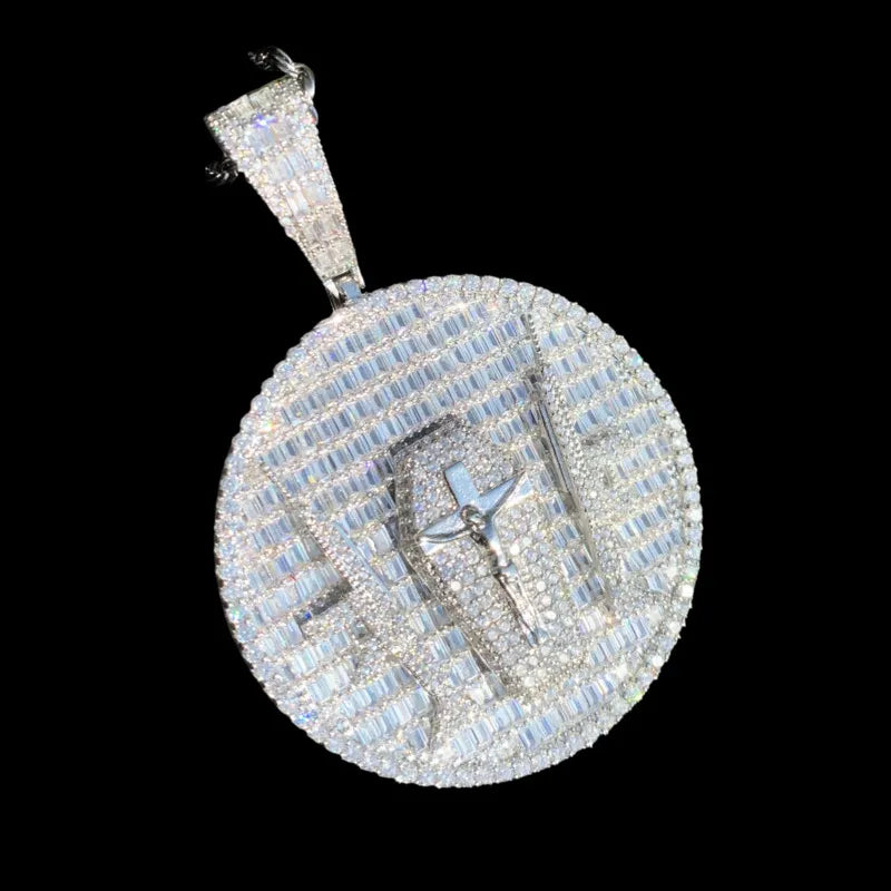Silver double gun cross pendant necklace with cubic zirconia