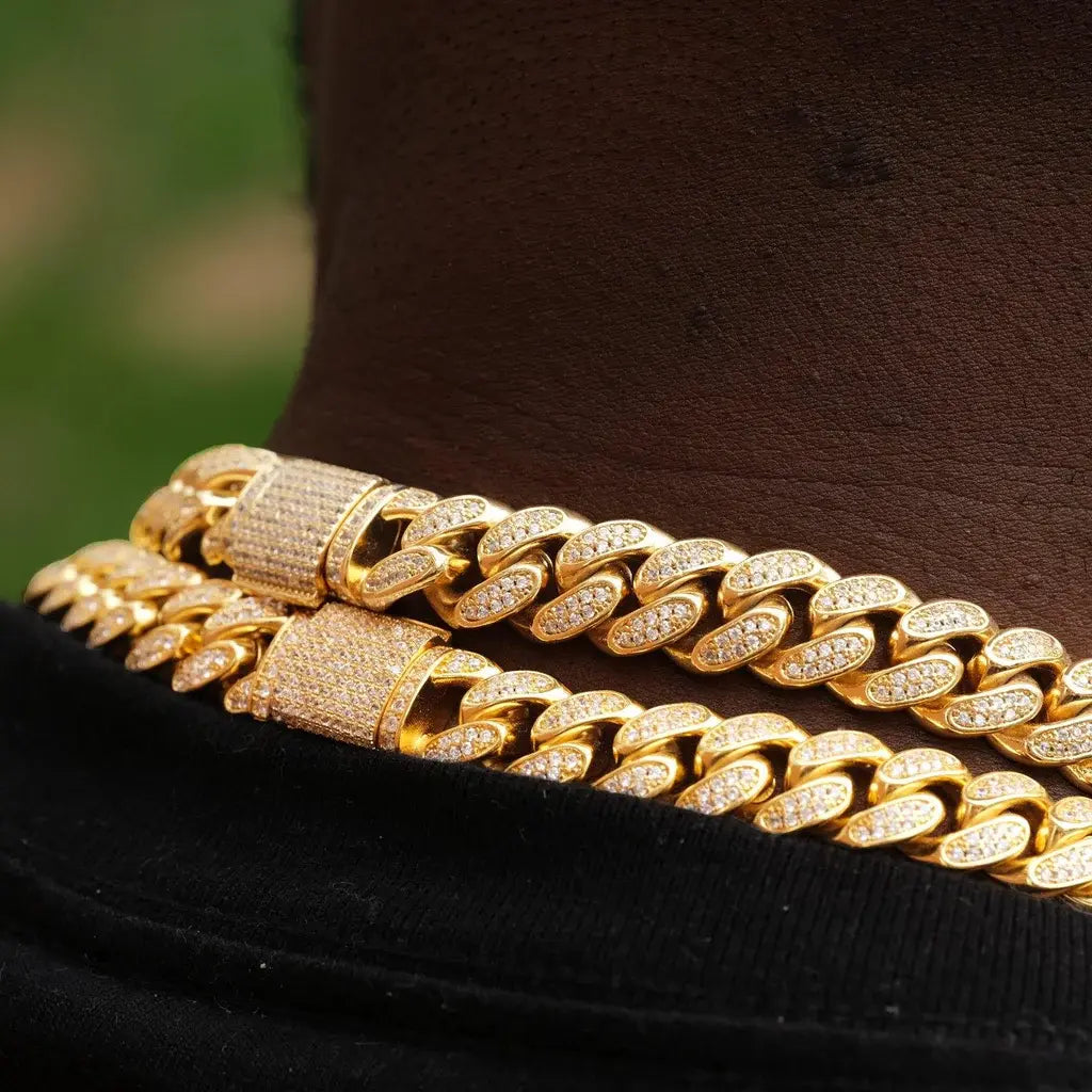 Diamond Iced Cuban Chain in Yellow Gold - 12mm