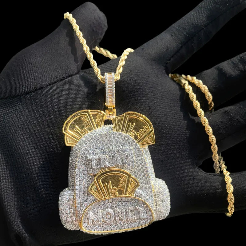 Gold iced backpack pendant necklace with cubic zirconia