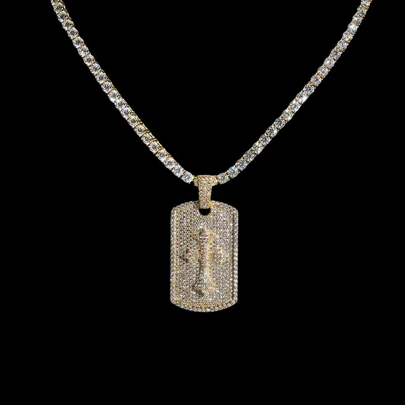 Gold iced cross dog tag pendant necklace