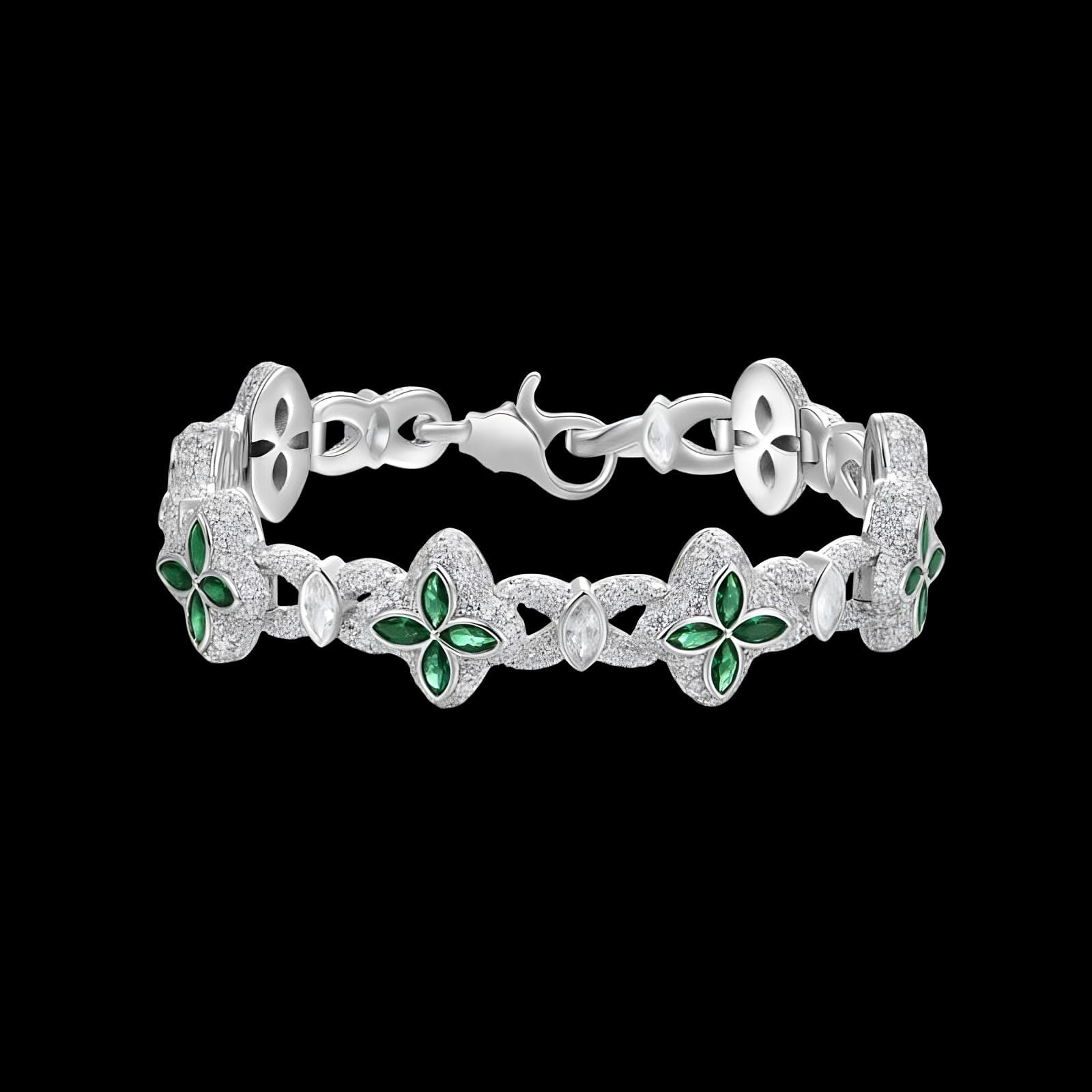 White gold 15mm ice clover bracelet with green diamond details