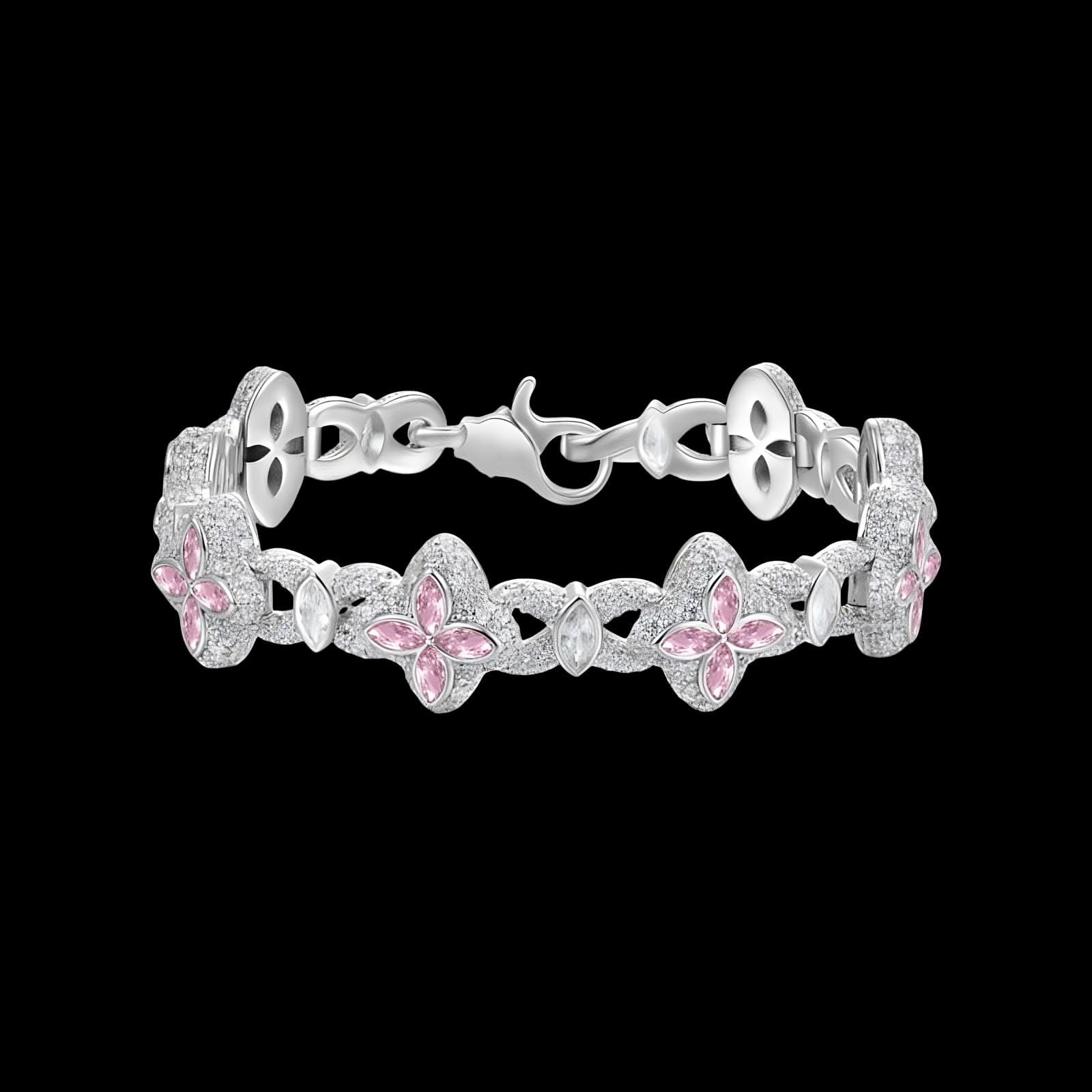 15mm iced clover bracelet in white gold with pink diamond accents