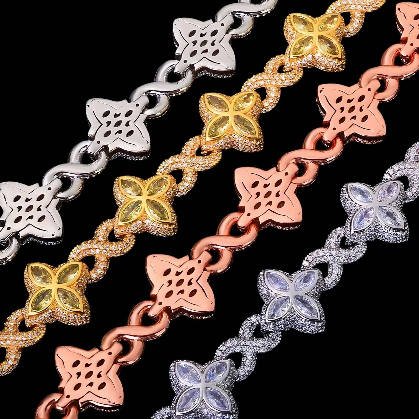 Multicolor iced clover bracelets in white, yellow, and rose gold with diamond accents
