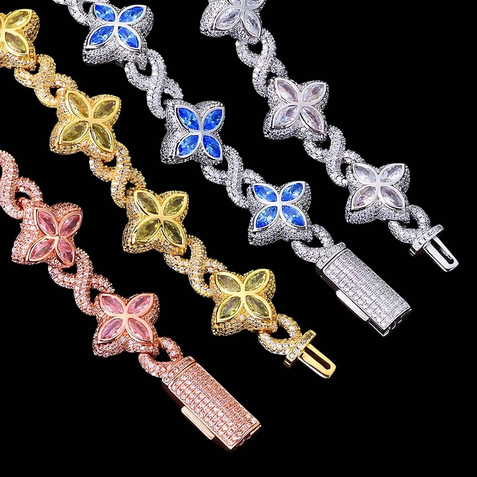 Set of iced clover bracelets in white gold, yellow gold, and rose gold with butterfly design