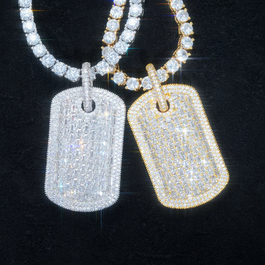 Iced dog tag pendant in white gold and yellow gold with free engraving luxury hip hop jewelry