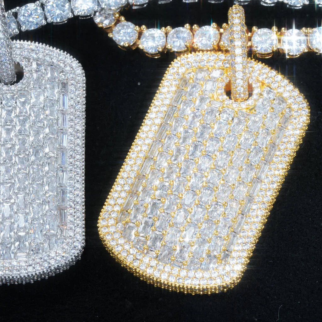 Gold iced dog tag pendant with baguette and round cut stones custom jewelry