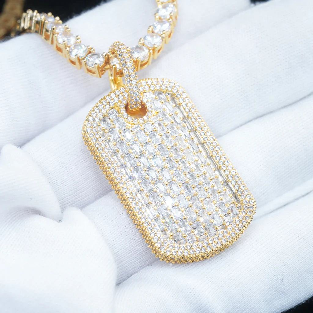 Yellow gold iced out dog tag pendant luxury necklace with free engraving