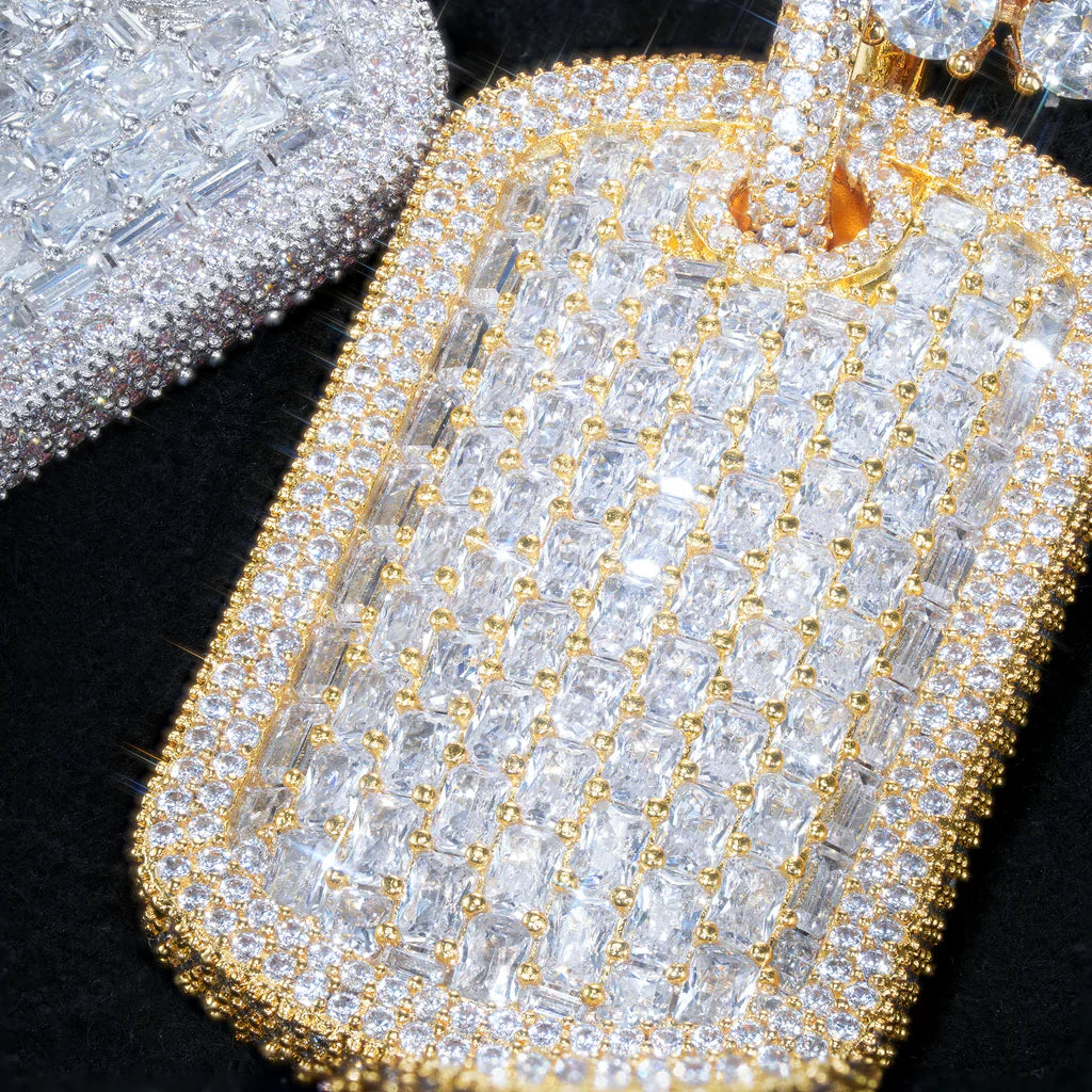 White and yellow gold iced dog tag pendants back view customizable blank surface