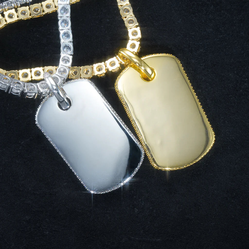 Detailed iced dog tag pendant in white gold and yellow gold hip hop jewelry