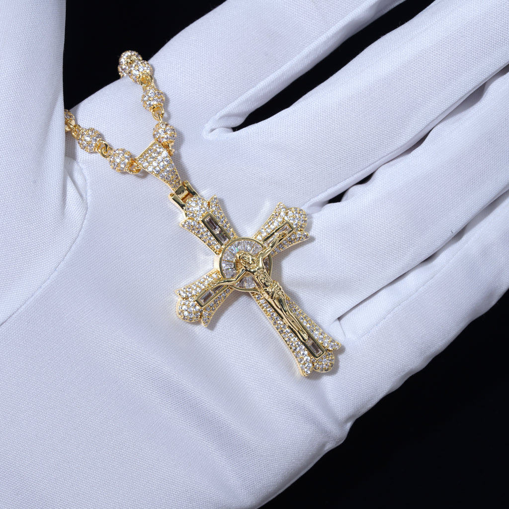 Jesus Crucifix Baguette Cross Necklace In Yellow Gold