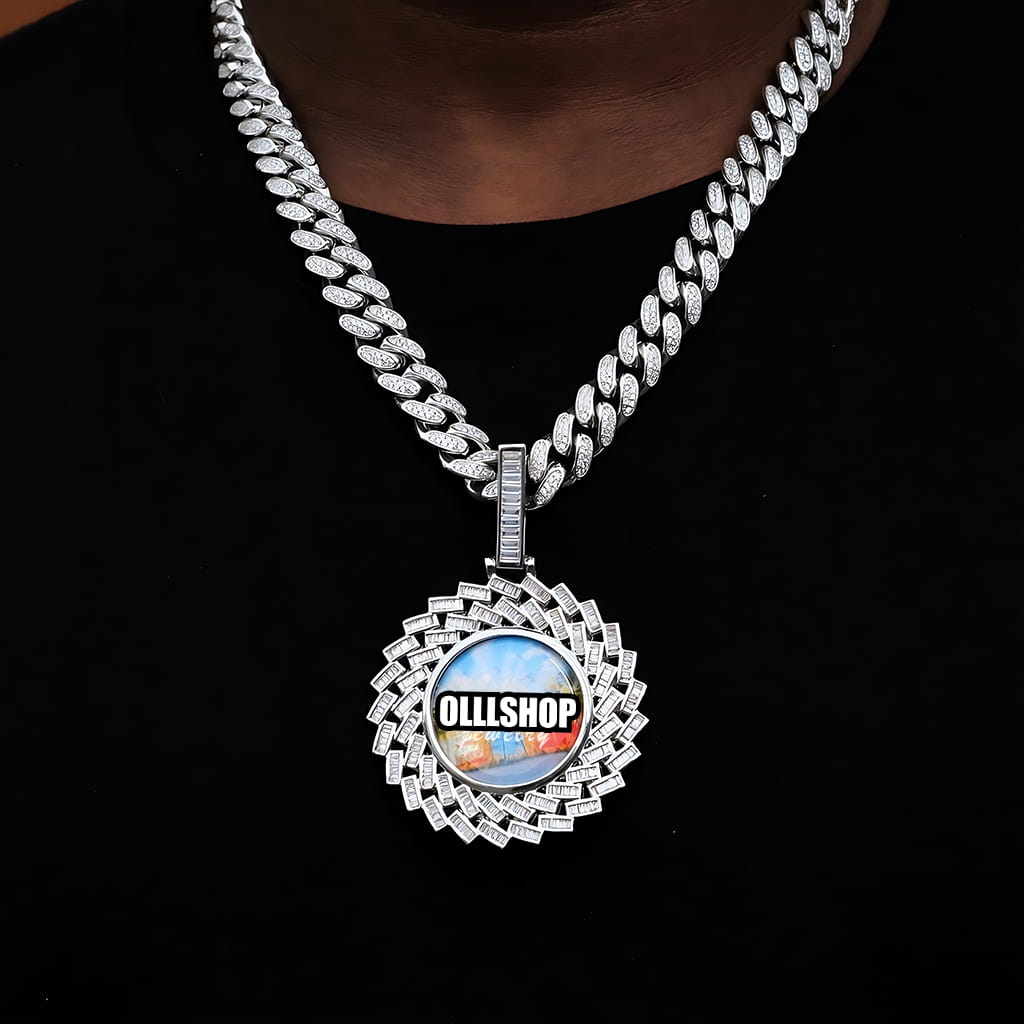 Iced out large 3D rectangular custom photo pendant necklace, personalized hip hop jewelry