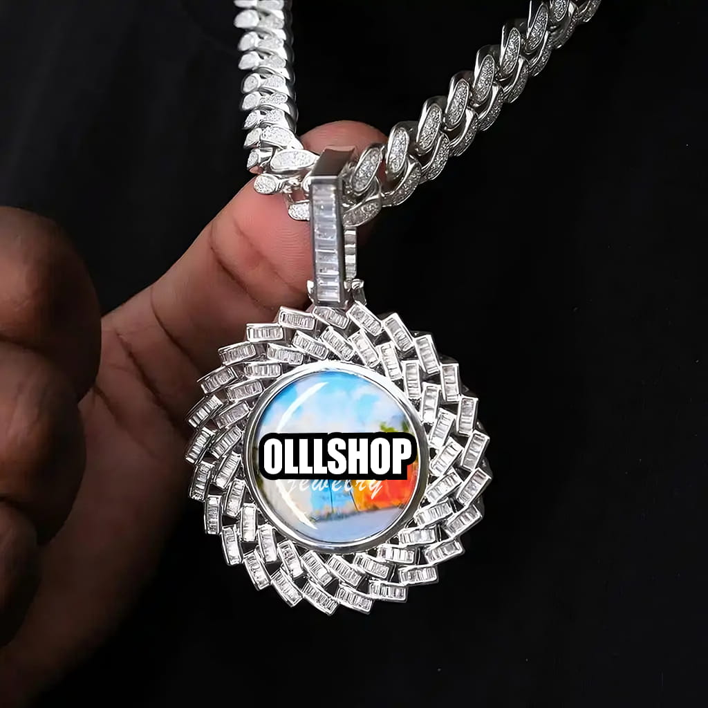 Hand holding large cubic zirconia custom picture pendant necklace, iced hip hop style