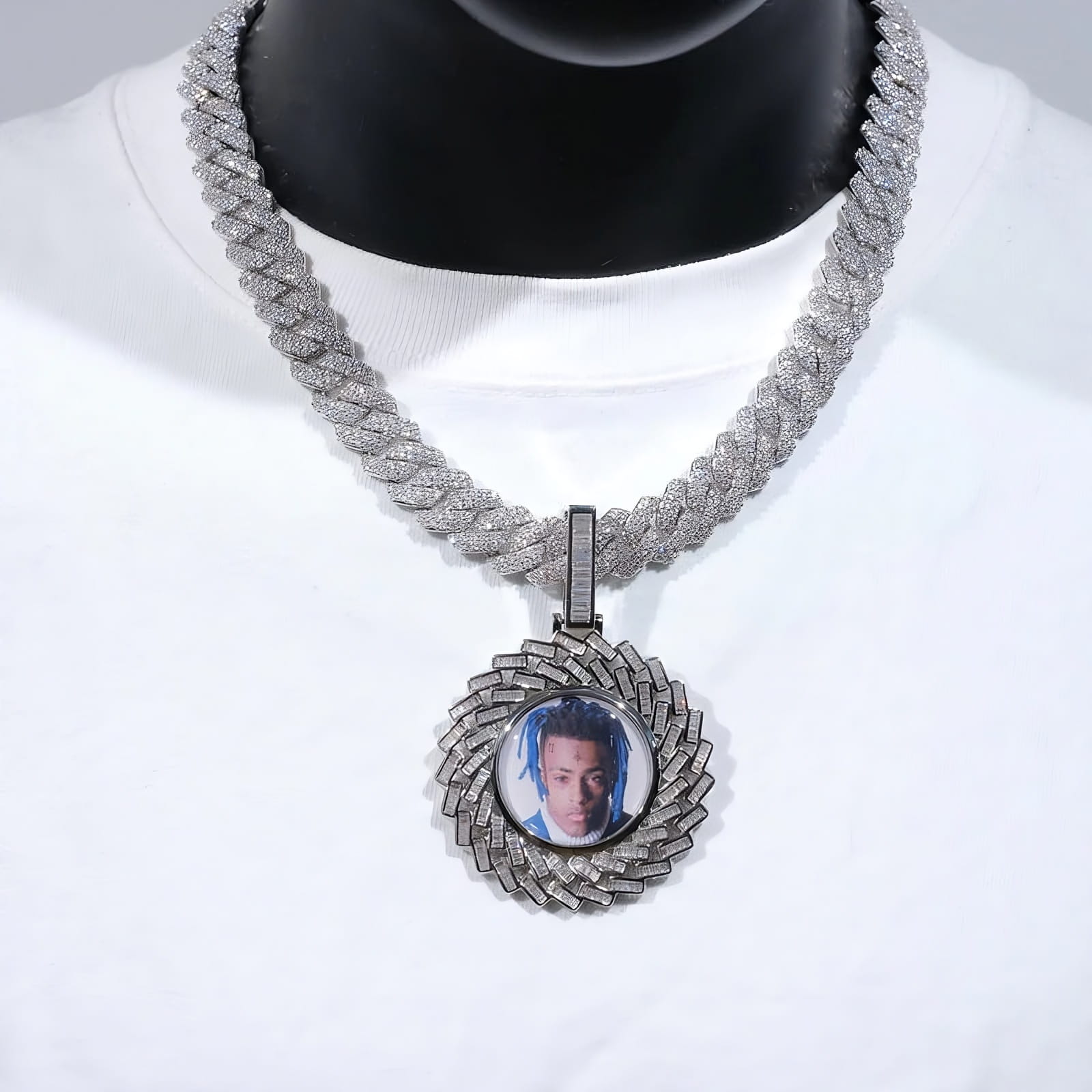 Custom rectangular pendant necklace with photo insert and baguette zirconia stones, hip hop jewelry