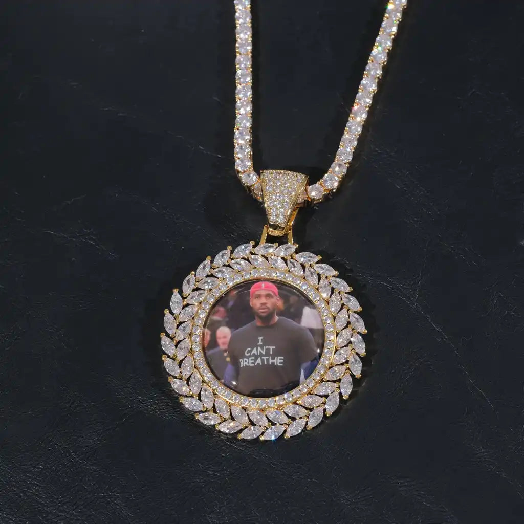 Large wheat ear custom photo pendant shown with layered jewelry