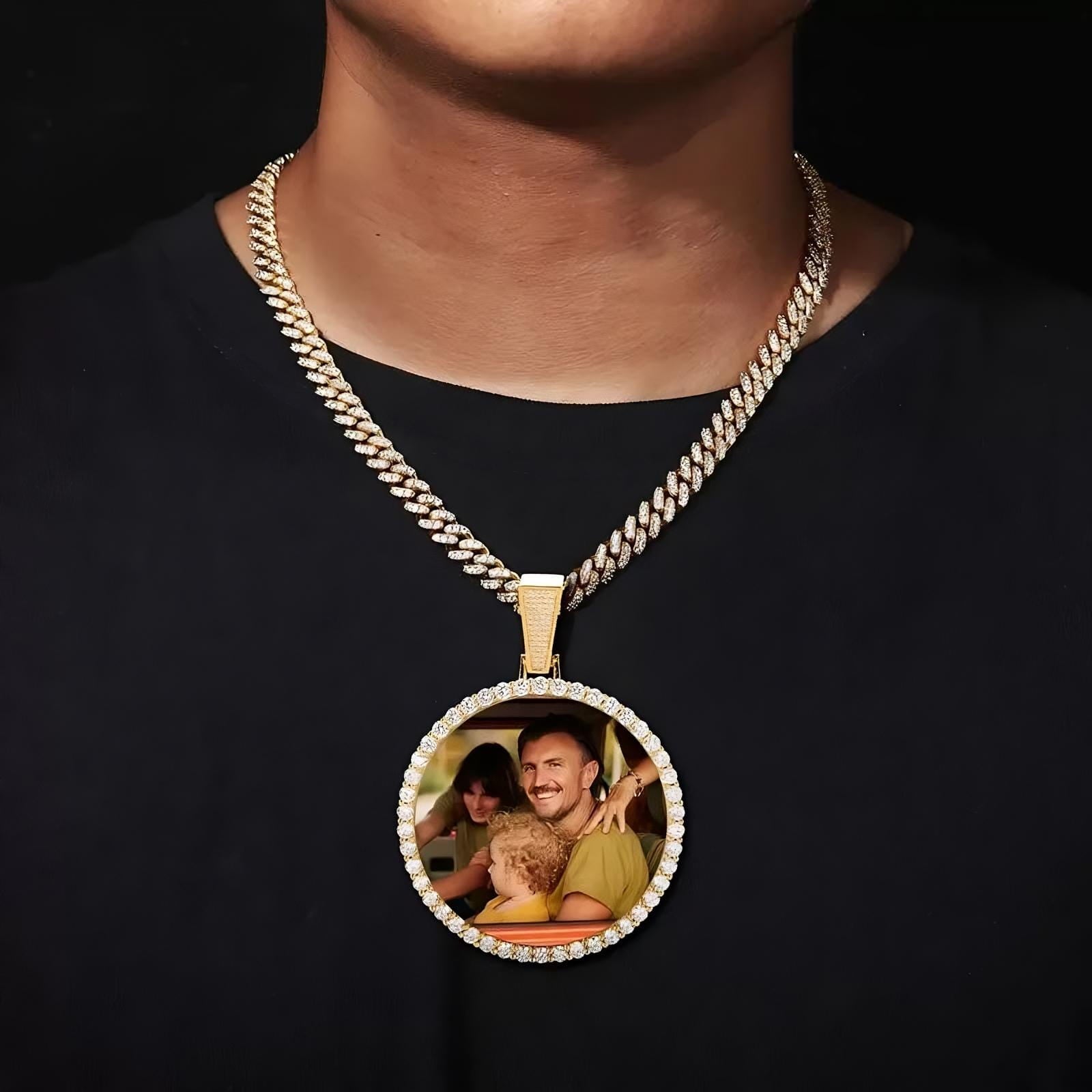 Model wearing 18k gold large 3D custom photo micro-inlaid round pendant – 70mm personalized necklace